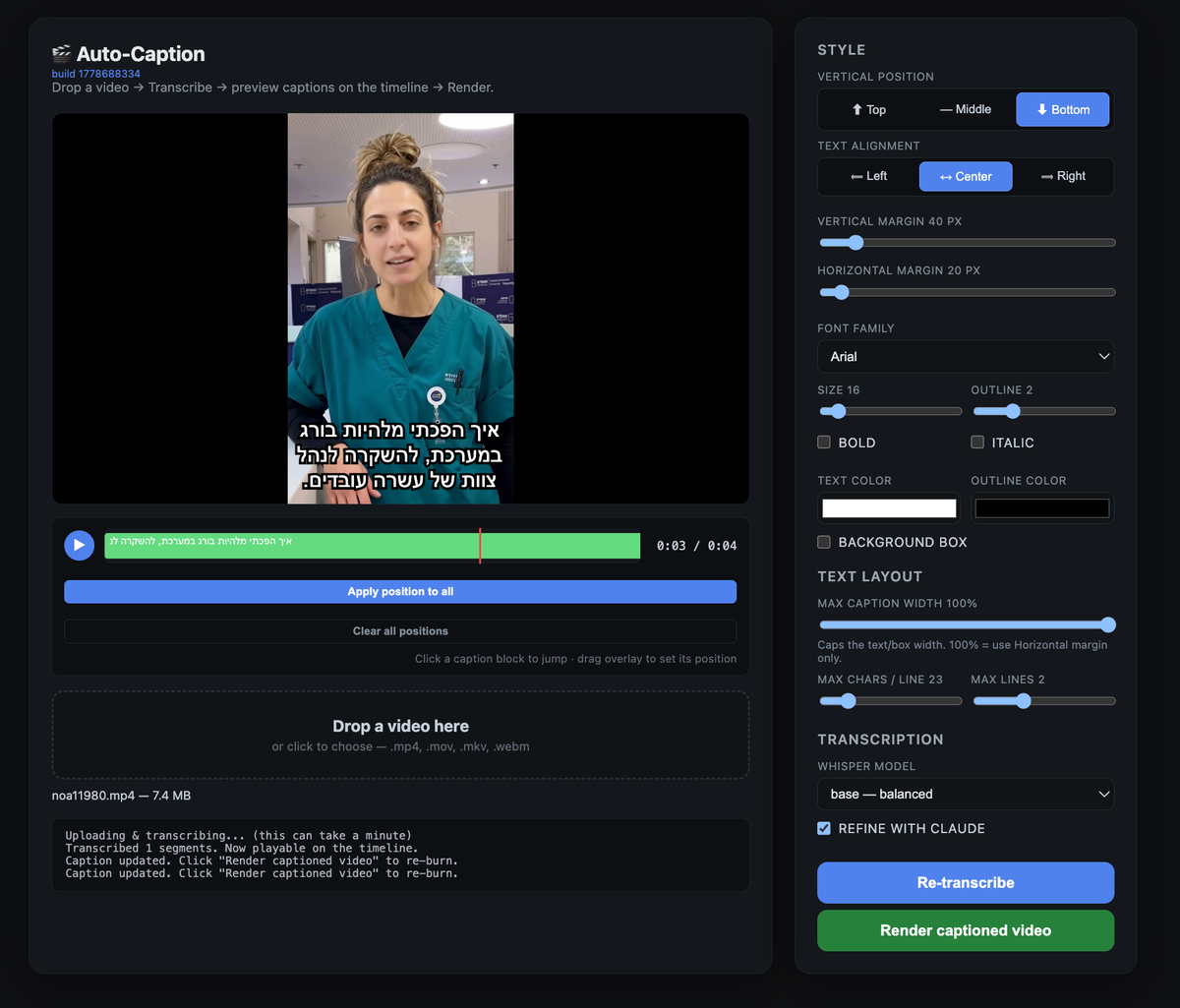 Auto-Caption editor UI — video preview with a draggable caption overlay, timeline segments below, and style controls on the right